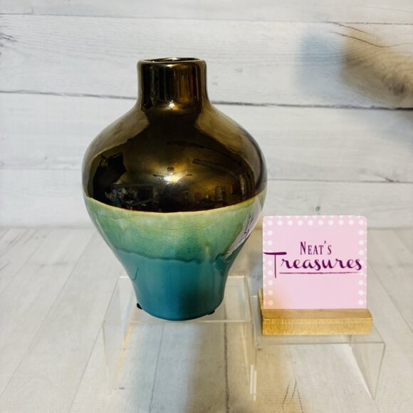 Three Hands Corp 99667 Bronze Green Drip Glaze Crackled Design Ceramic 9.5" Vase - Picture 1 of 16